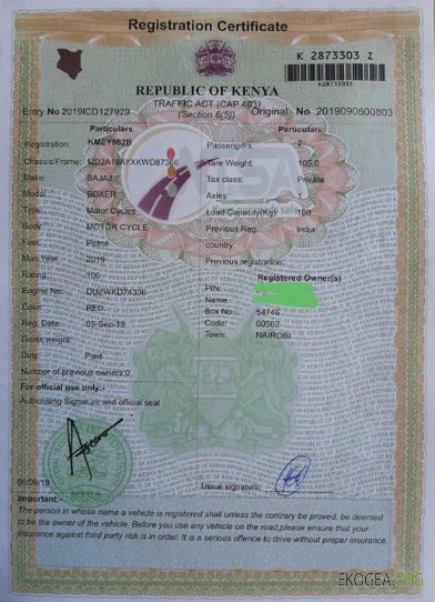 Certificat d'immatriculation du véhicule au Kenya